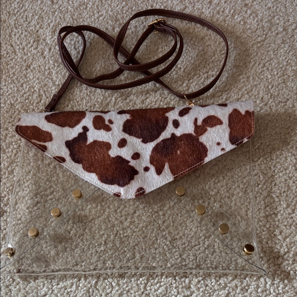 Cow Print Clear Envelope Shoulder Bag/Clutch with Gold Tone Stud Accents